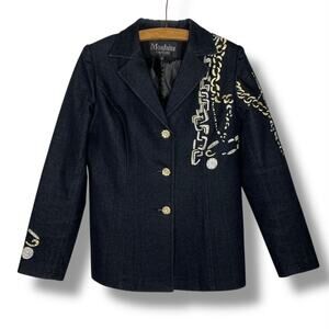 Moshita Couture Denim Jacket Blazer Beaded Embroidered Rhinestone Button Stretch